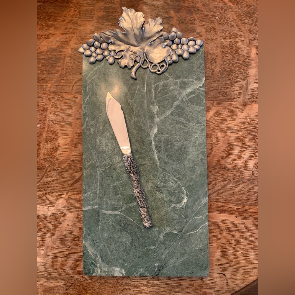 Vtg 1991 Seagull Etain Zinn Pewter Handled Green Marble Cheese Charcuterie Board